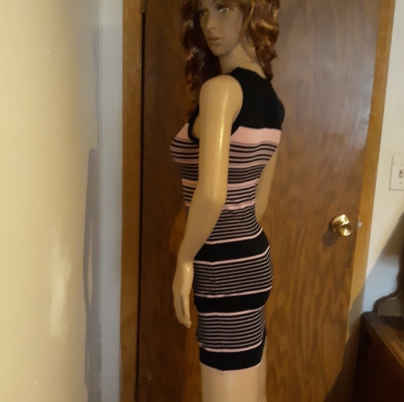 NWOT! Form Fitting Dress Sheer Black Pink Stripes - Picture 6 of 8